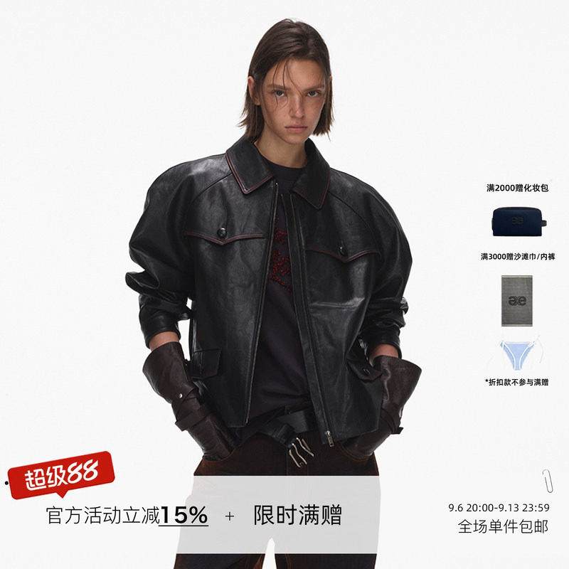 ECHOADE复古摩登翻领设计精致外套  黑色擦色酷感皮夹克图片