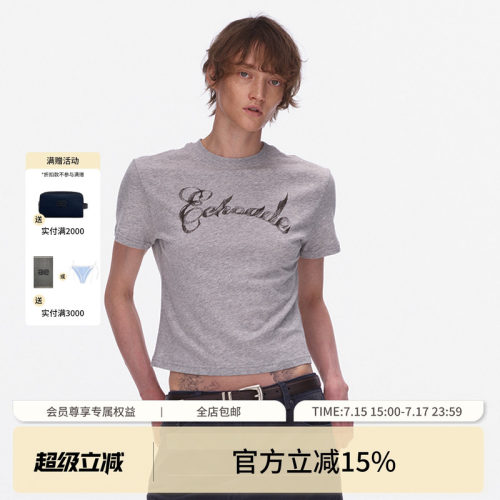 ECHOADE轻薄柔软经典小圆领利落短款正肩版型手绘logo印花短袖T恤
