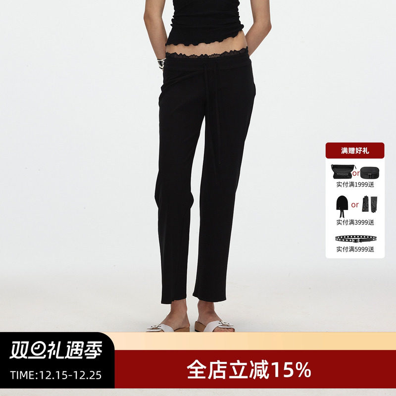 ECHOADE双重亲肤 低腰直筒版型松紧腰花边点缀简约利落九分神裤