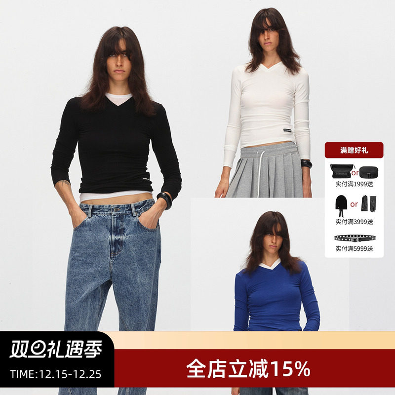 ECHOADE小V领设计l修身长袖T恤