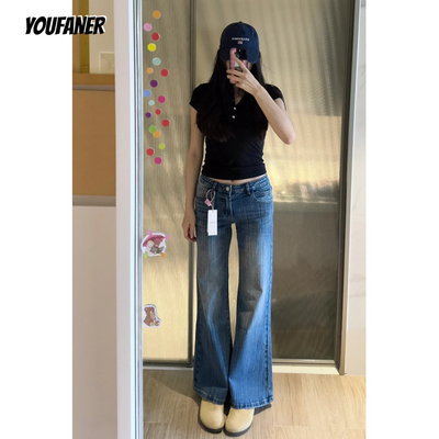 深蓝色竹节纹低腰微喇叭牛仔裤女美式复古宽松显瘦不贴腿马蹄裤