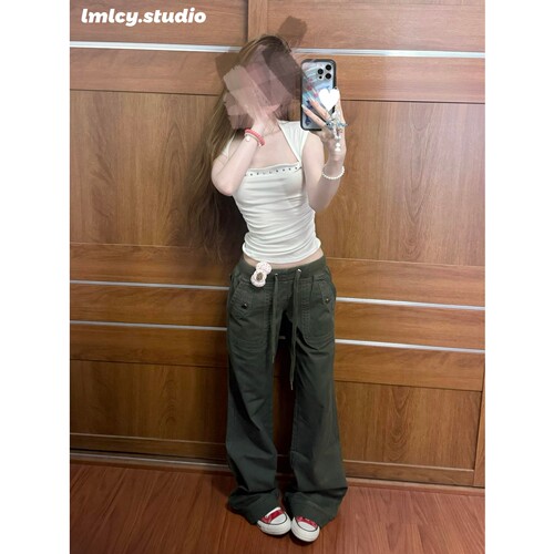 LMLCY｜军绿色抽绳工装Y2K牛仔裤女美式复古低腰宽松显瘦微喇叭裤