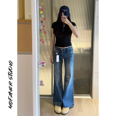 深蓝色竹节纹低腰微喇叭牛仔裤女2025新款美式复古宽松显瘦阔腿裤