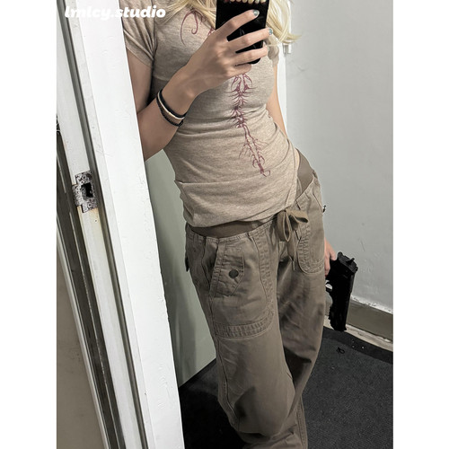 LMLCY｜咖棕色抽绳工装Y2K牛仔裤女美式复古低腰宽松显瘦微喇叭裤