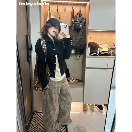 LMLCY｜豹纹美式复古阔腿牛仔裤女高腰宽松垂感显瘦弯刀直筒裤子