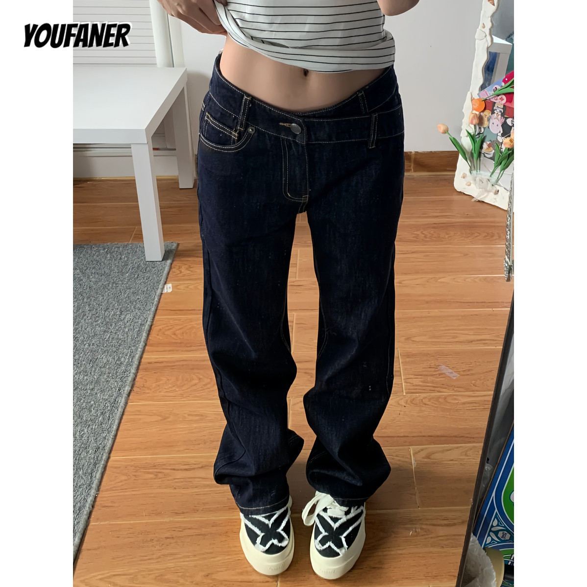 深蓝色不规则设计感阔腿牛仔裤女牛仔裤
