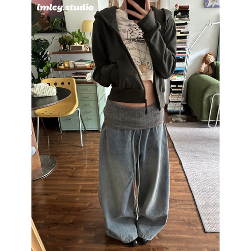 LMLCY｜针织腰封小众设计感慵懒风复古宽松直筒显瘦阔腿牛仔裤女