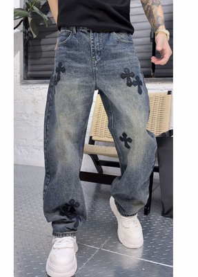 26504拼片贴皮刺绣十字花牛仔裤加厚男士休闲微弯刀直筒裤男生裤