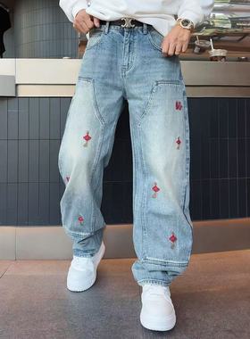 25371新年元素刺绣灯笼中国结福马年氛围感轻弯刀牛仔裤男士休闲