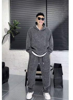 13032七彩纱线毛织休闲套装加绒加厚连帽卫衣卫裤男生潮搭休闲套