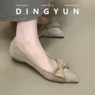 羊皮版dingyun丁允法式内增高复古风尖头单鞋女简约蝴蝶结绒面鞋