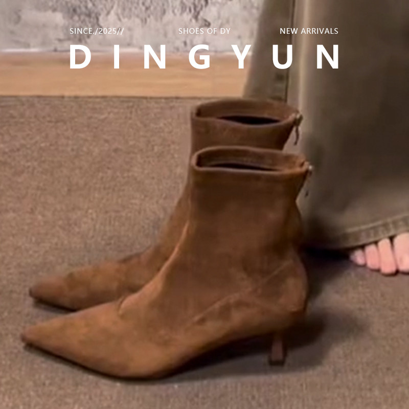 加绒保暖尖头后拉链瘦瘦靴短靴