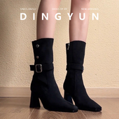 秋冬靴子黑色短靴粗跟中筒靴法式 羊皮版 dingyun丁允高跟鞋 瘦瘦靴