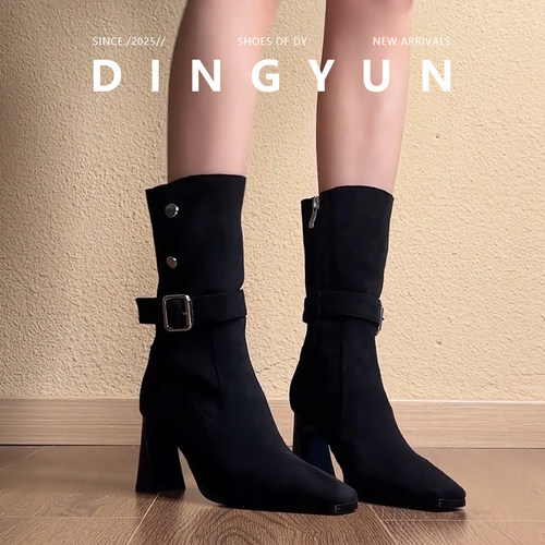 羊皮版dingyun丁允高跟鞋秋冬靴子黑色短靴粗跟中筒靴法式瘦瘦靴