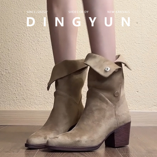 复古风两穿厚底粗跟马丁靴女显瘦尖头绒面短筒靴子2025冬 丁允