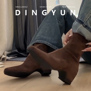 羊皮版dingyun丁允高跟鞋冬加绒瘦瘦靴子内增高女靴黑色短靴方头