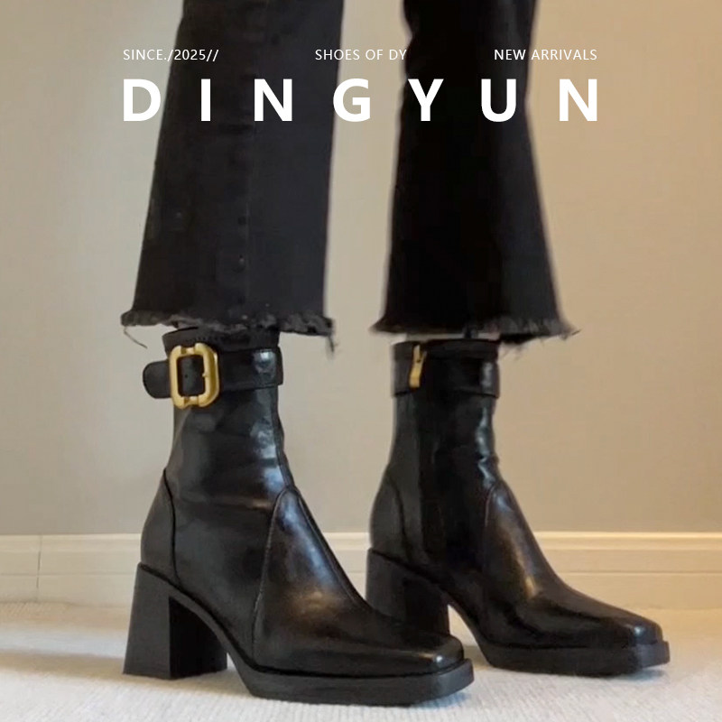 黑色/棕色简约百搭厚底粗跟短靴