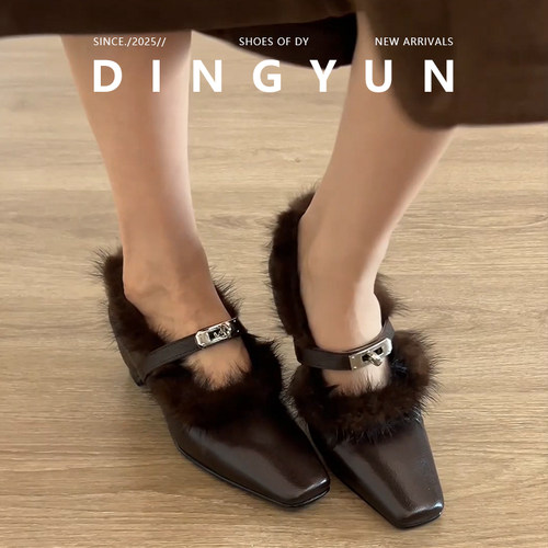 秋冬加绒保暖方头一脚蹬玛丽珍鞋