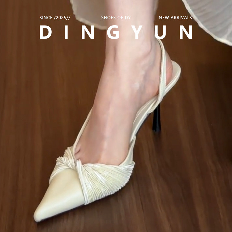 羊皮版dingyun丁允尖头包头半拖鞋女外穿夏高跟鞋细跟气质凉鞋子