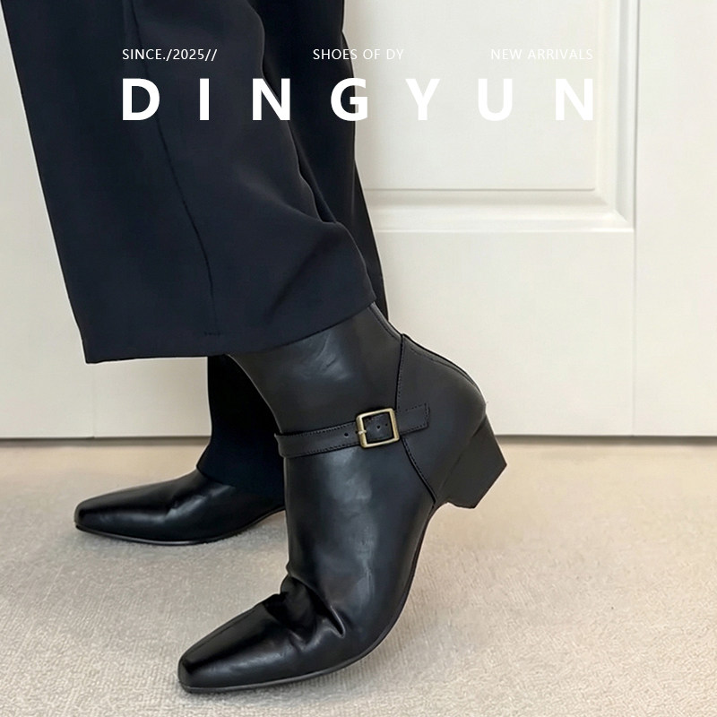 羊皮版dingyun丁允复古英伦机车靴女后拉链瘦瘦靴厚底粗跟骑士靴