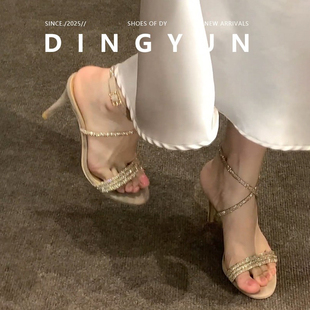 羊皮版dingyun丁允水钻凉鞋露趾性感女鞋宴会名媛高跟鞋子2026夏