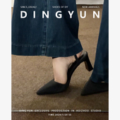 丁允dingyun尖头粗高跟鞋 黑色 女后空凉鞋 露后跟法式 气质优雅单鞋