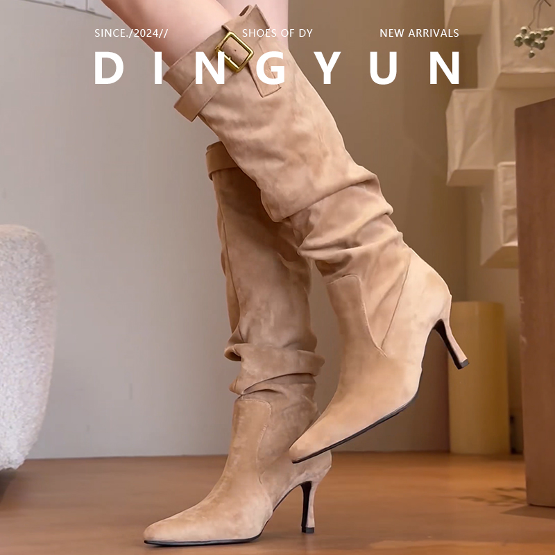 骑士靴皮带扣尖头细跟褶皱堆堆靴