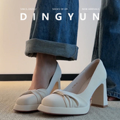dingyun丁允防水台高跟鞋 粗跟法式 单鞋 羊皮版 增高厚底小皮鞋 白色