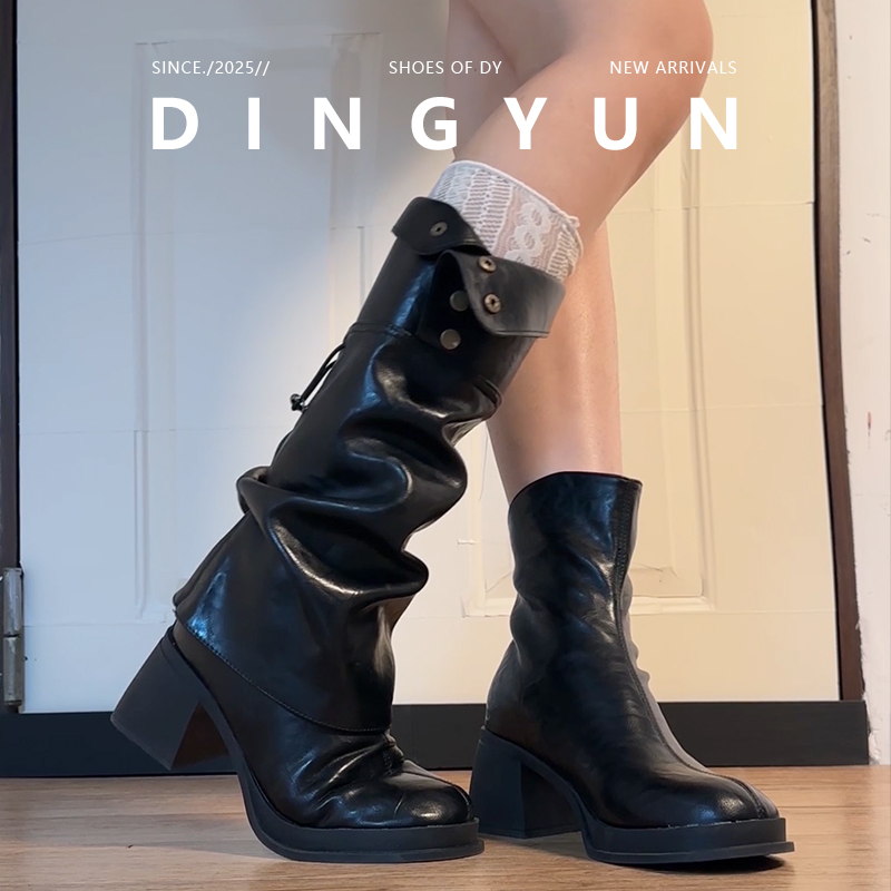 黑色/棕色高级感两穿褶皱骑士靴