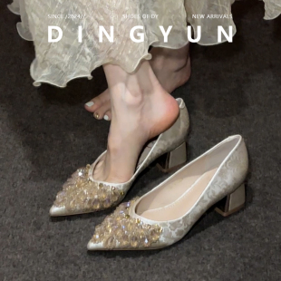 国风旗袍粗跟单鞋 羊皮版 女中式 高跟鞋 dingyu丁允两用水钻婚纱婚鞋