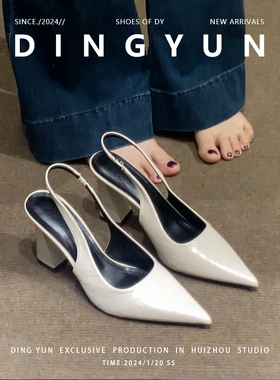 羊皮版dingyun丁允白色高跟鞋绝美粗跟半拖鞋女尖头法式包头凉鞋