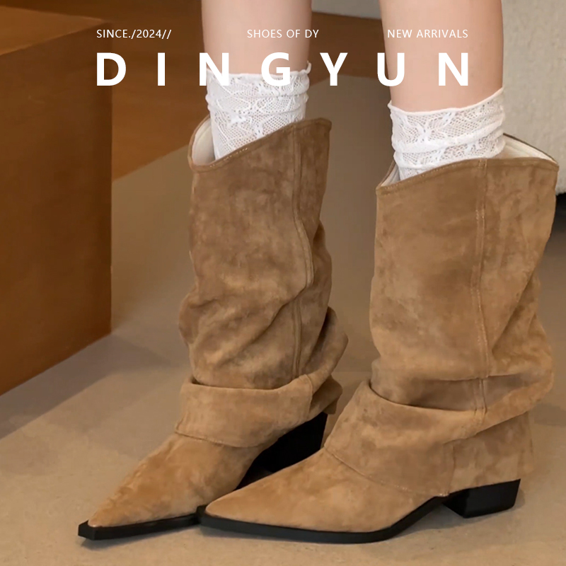 复古褶皱堆堆靴西部牛仔靴中筒靴