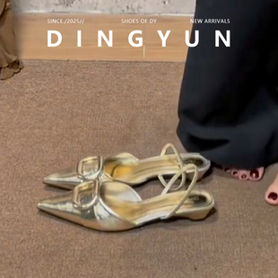 【丁允】法式尖头方扣粗跟凉鞋女夏季外穿百搭不累脚粗跟浅口单鞋