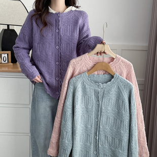 开衫 时尚 大码 2025新款 洋气钩花镂空宽松毛衣外套 女胖mm春装 针织衫