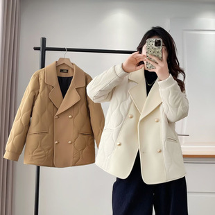高级感西装 胖m200斤时尚 领双排扣拼接上衣 2026新款 夹棉外套女大码