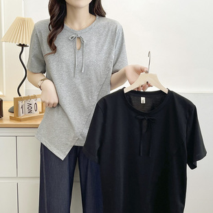 镂空蝴蝶结不规则半袖 正肩t恤女胖mm短袖 时尚 大码 上衣 2025夏新款