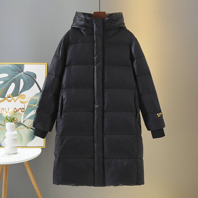 黑色羽绒服女大码2024冬季新款胖mm时尚显瘦长款连帽保暖鸭绒外套