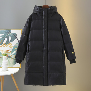 黑色羽绒服女大码2024冬季新款胖mm时尚显瘦长款连帽保暖鸭绒外套