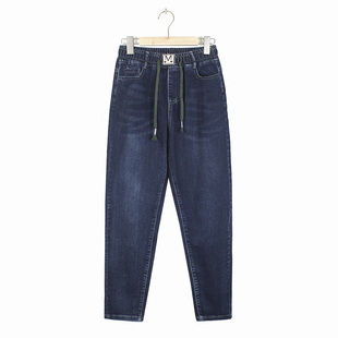 胖妹妹抽绳松紧腰弹力贴标宽松哈伦裤 牛仔裤 大码 女秋款 2023年新款