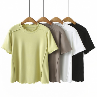 胖mm200斤显瘦正肩木耳花边遮肚短袖 半袖 2025新款 女大码 t恤 打底衫