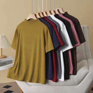 半高领短袖 200斤简约纯色基础款 内搭上衣 打底t恤女胖妹mm半袖 大码