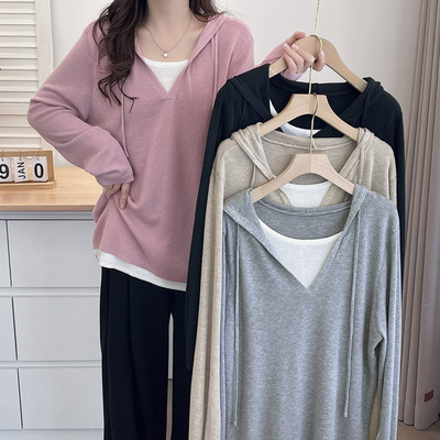 早秋针织衫大码连帽套头假两件女