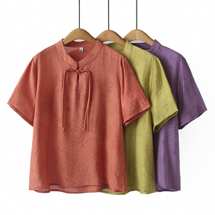 国风上衣女大码 衬衫 短袖 胖m200斤提花宽松显瘦遮肉半袖 夏季 新中式