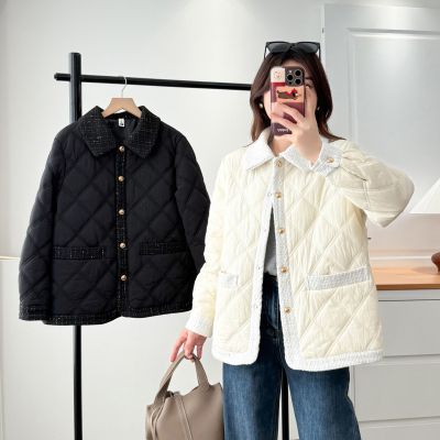 小香风棉服女大码拼接翻领棉衣