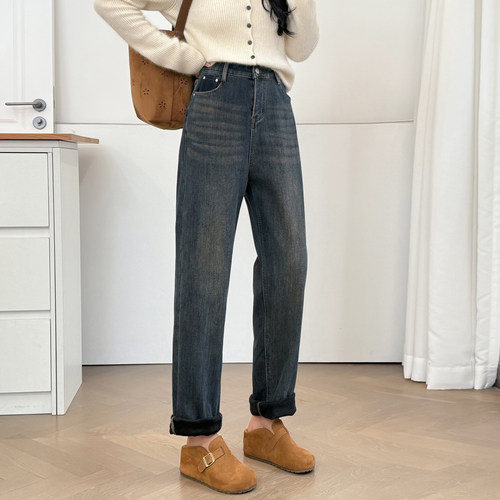 大码牛仔裤女加厚加绒弹力直筒裤