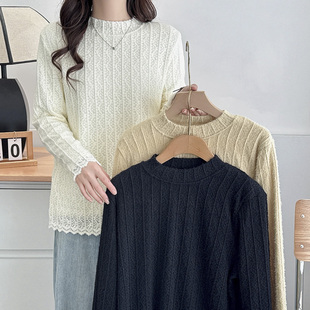 加绒打底衫胖妹妹时尚洋气秋冬大码保暖上衣遮肚子半高领蕾丝内搭