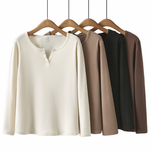 胖妹妹时尚 打底衫 2024秋冬新款 长袖 洋气纽扣小v领显瘦内搭 女大码