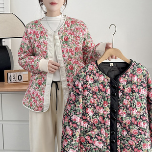 无领民族风碎花棉衣棉服外套 200斤胖mm时尚 花棉袄女秋冬新款 大码