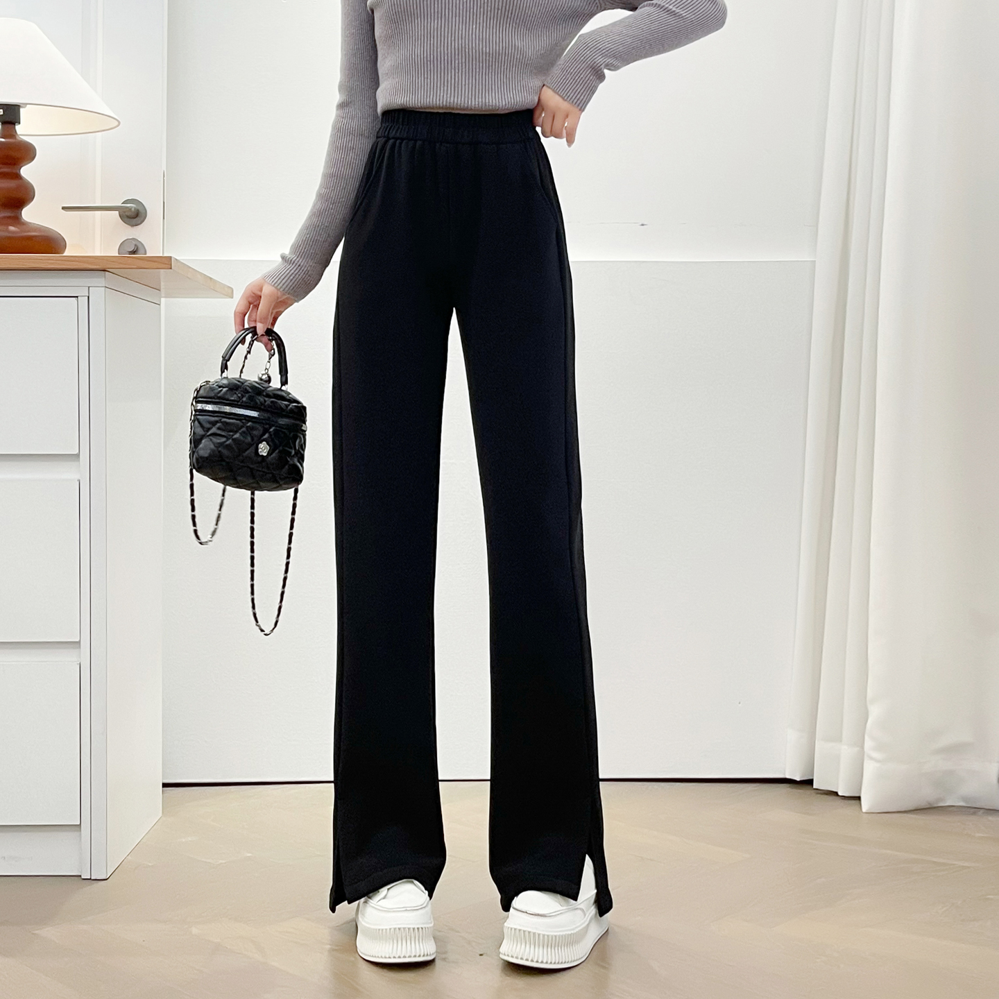 秋冬新款裤子大码女胖mm显瘦百搭200斤松紧腰加绒加厚开叉休闲裤