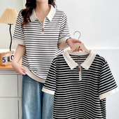 显瘦遮肉上衣短袖 2025夏季 新款 胖妹妹大码 200斤polo领条纹半袖 女